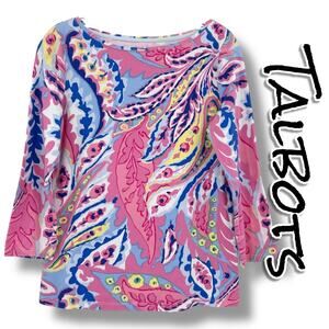 Talbots The Talbots Tee Pink Blue Paisley 3/4 Sleeve Cotton Top Womens Sz Small